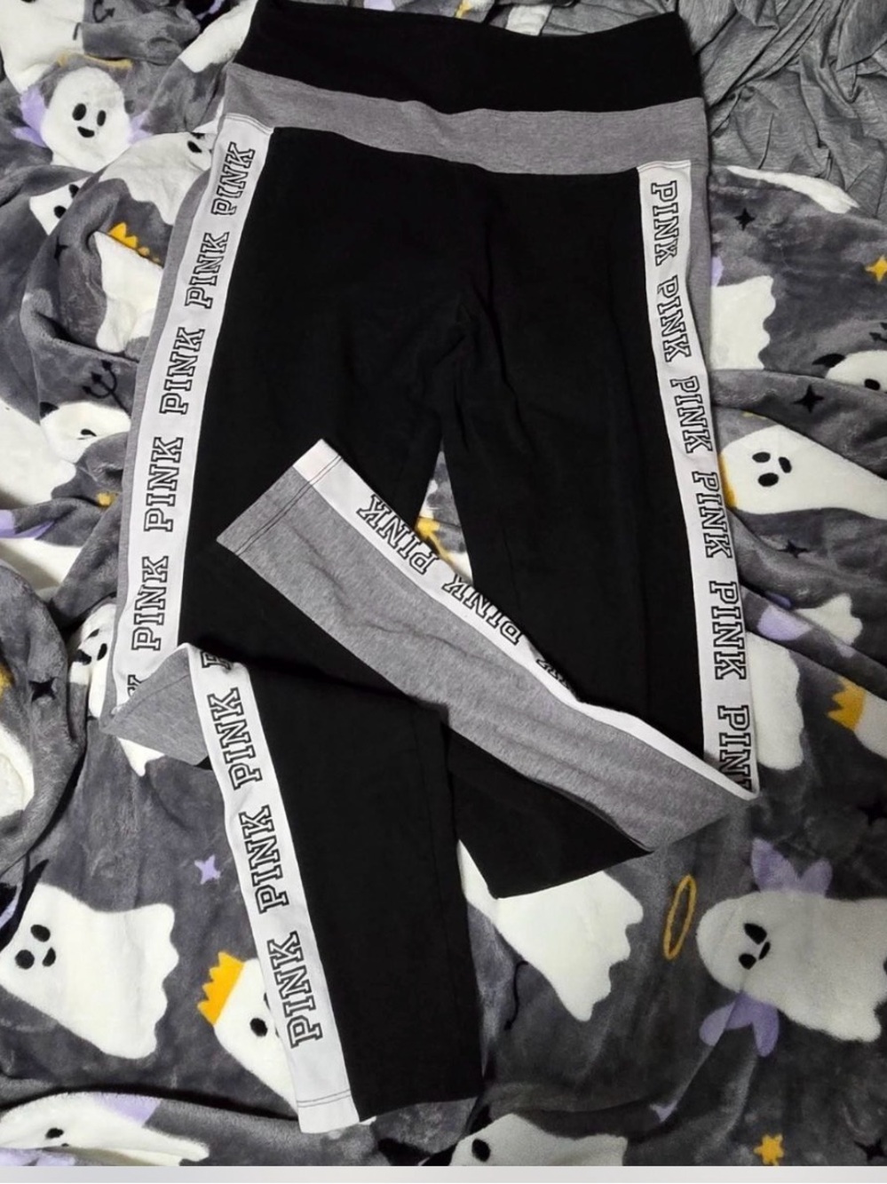 PINK Victoria's Secret Black & Gray Logo-Stripe Leggings